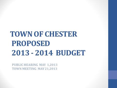 TOWN OF CHESTER PROPOSED 2013 - 2014 BUDGET PUBLIC HEARING MAY 1,2013 TOWN MEETING MAY 21,2013.