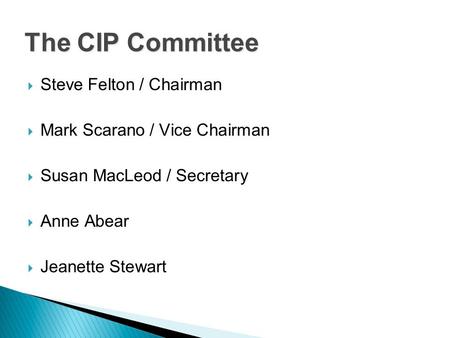  Steve Felton / Chairman  Mark Scarano / Vice Chairman  Susan MacLeod / Secretary  Anne Abear  Jeanette Stewart The CIP Committee.