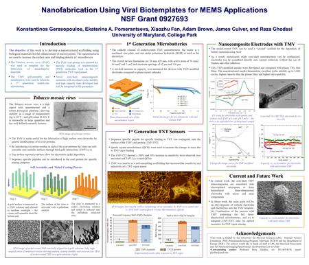Nanofabrication Using Viral Biotemplates for MEMS Applications NSF Grant 0927693 Konstantinos Gerasopoulos, Ekaterina A. Pomerantseva, Xiaozhu Fan, Adam.
