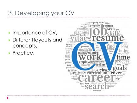 3. Developing your CV Importance of CV,