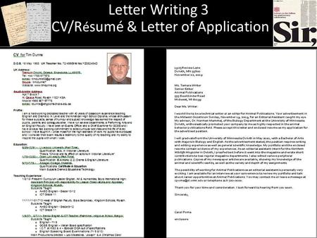 Letter Writing 3 CV/R é sumé & Letter of Application.