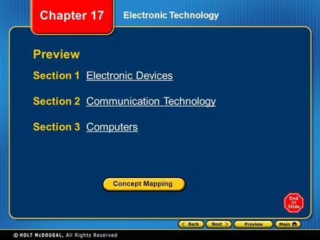 Chapter 17 Electronic Technology Preview Section 1 Electronic DevicesElectronic Devices Section 2 Communication TechnologyCommunication Technology Section.