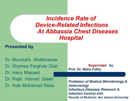 Incidence Rate of Device-Related Infections At Abbassia Chest Diseases Hospital Presented by Dr. Moustafa Abdelnasser. Dr. Shymaa Farghaly Diab Dr. Hany.