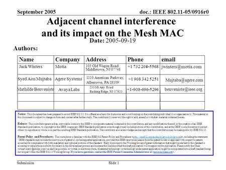 Doc.: IEEE 802.11-05/0916r0 Submission September 2005 Slide 1 Adjacent channel interference and its impact on the Mesh MAC Date: 2005-09-19 Authors: Notice: