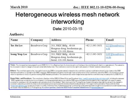 Doc.: IEEE 802.11-10-0296-00-0wng Submission March 2010 Broadwave Corp.Slide 1 Notice: This document has been prepared to assist IEEE 802.11. It is offered.