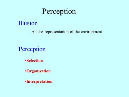 Perception Illusion A false representation of the environment