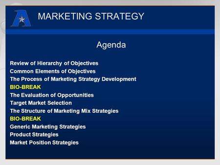 MARKETING STRATEGY Agenda Review of Hierarchy of Objectives