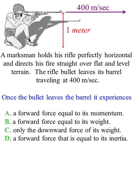 1 meter 400 m/sec A marksman holds his rifle perfectly horizontal and directs his fire straight over flat and level terrain. The rifle bullet leaves its.