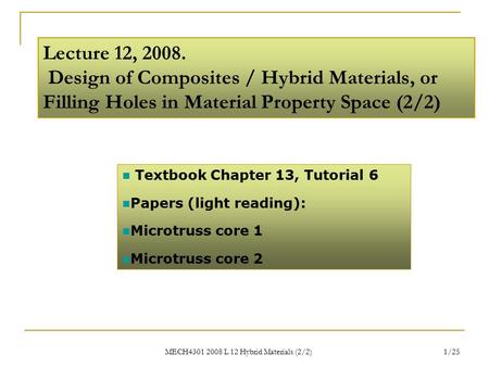 MECH4301 2008 L 12 Hybrid Materials (2/2) 1/25 Lecture 12, 2008. Design of Composites / Hybrid Materials, or Filling Holes in Material Property Space (2/2)