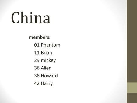 China members: 01 Phantom 11 Brian 29 mickey 36 Alien 38 Howard 42 Harry.
