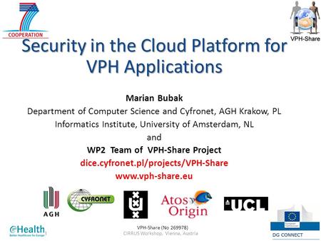 CIRRUS Workshop, Vienna, Austria119 Nov 2013 Security in the Cloud Platform for VPH Applications Marian Bubak Department of Computer Science and Cyfronet,