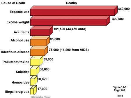Slide 1 DeathsCause of Death Tobacco use 442,000 Excess weight Accidents Alcohol use Infectious disease Pollutants/toxins Suicides Homocides 400,000 101,500.