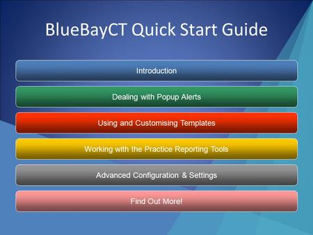 BlueBayCT Quick Start Guide Introduction Dealing with Popup Alerts Using and Customising Templates Working with the Practice Reporting Tools Advanced.
