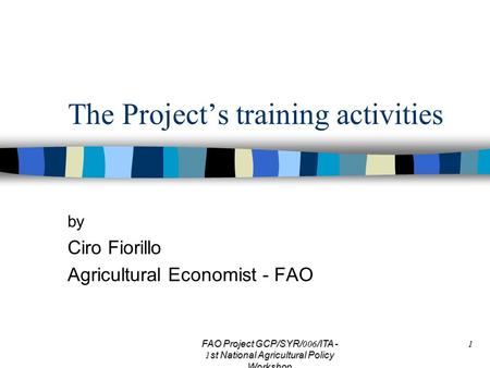 FAO Project GCP/SYR/006/ITA - 1st National Agricultural Policy Workshop 1 The Project’s training activities by Ciro Fiorillo Agricultural Economist - FAO.