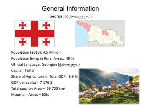 General Information Georgia( საქართველო ) Population (2013): 4,5 Million Population living in Rural Areas: 49 % Official Language: Georgian ( ქართული )