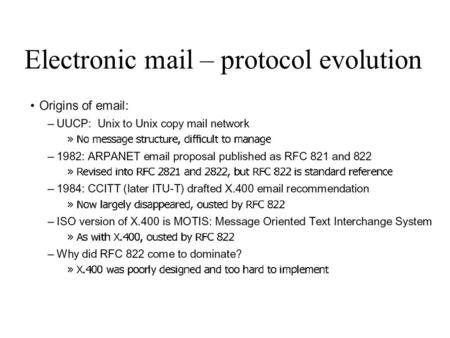 Electronic mail – protocol evolution. E-mail standards.