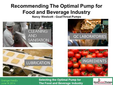 Grainger WebEx June 18, 2014 Selecting the Optimal Pump for The Food and Beverage Industry Recommending The Optimal Pump for Food and Beverage Industry.