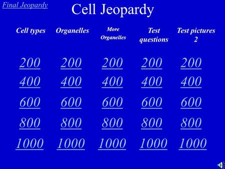 Cell Jeopardy Cell typesOrganelles More Organelles Test questions Test pictures 2 200 400 600 800 1000 400 600 800 1000 Final Jeopardy.