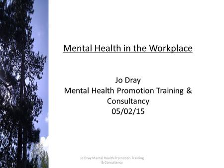 Mental Health in the Workplace Jo Dray Mental Health Promotion Training & Consultancy 05/02/15 Jo Dray Mental Health Promotion Training & Consultancy.
