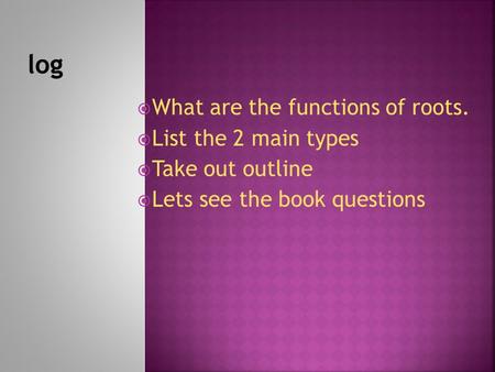  What are the functions of roots.  List the 2 main types  Take out outline  Lets see the book questions.