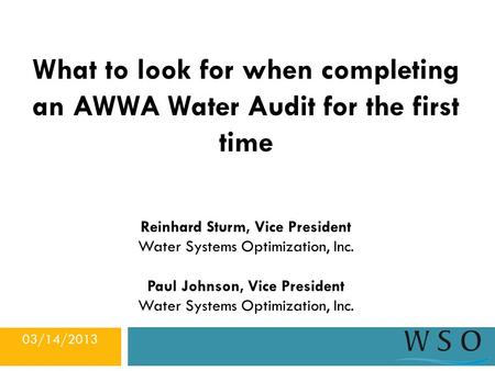 What to look for when completing an AWWA Water Audit for the first time Reinhard Sturm, Vice President Water Systems Optimization, Inc. Paul Johnson, Vice.