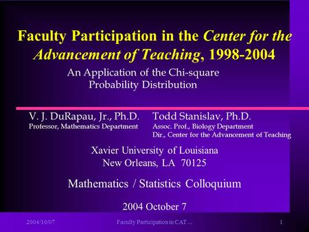 2004/10/07Faculty Participation in CAT...1 Faculty Participation in the Center for the Advancement of Teaching, 1998-2004 Xavier University of Louisiana.