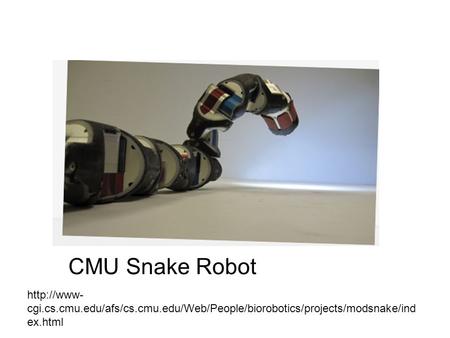 CMU Snake Robot http://www-cgi.cs.cmu.edu/afs/cs.cmu.edu/Web/People/biorobotics/projects/modsnake/index.html.