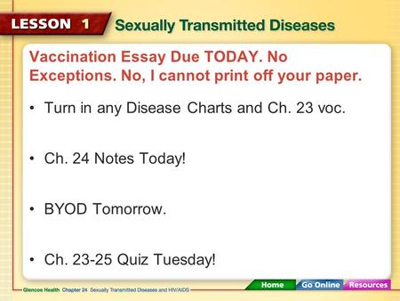 Vaccination Essay Due TODAY. No Exceptions. No, I cannot print off your paper. Turn in any Disease Charts and Ch. 23 voc. Ch. 24 Notes Today! BYOD Tomorrow.