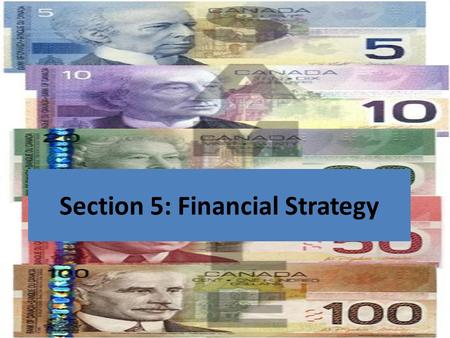 Section 5: Financial Strategy. The Business Plan 1)Executive Summary 2)Market Analysis 3)Resource Analysis 4)Operating Strategy 5)Financial Strategy 6)Contingency.