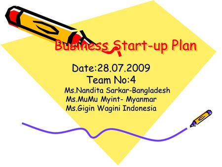 Business Start-up Plan Business Start-up Plan Date:28.07.2009 Team No:4 Ms.Nandita Sarkar-Bangladesh Ms.Nandita Sarkar-Bangladesh Ms.MuMu Myint- Myanmar.