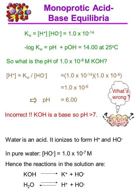 Monoprotic Acid- Base Equilibria K w = [ H + ] [ HO - ] = 1.0 x 10 -14 -log K w = pH + pOH = 14.00 at 25 o C So what is the pH of 1.0 x 10 -8 M KOH? [H.