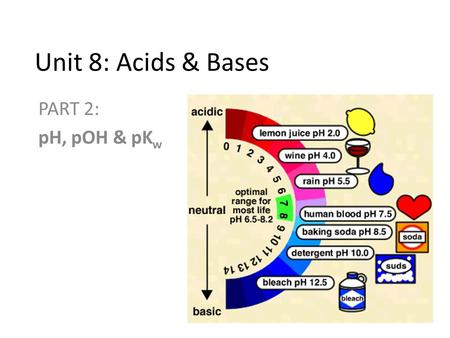 Unit 8: Acids & Bases PART 2: pH, pOH & pK w. The pH Scale pH is a value chemists use to give a measure of the acidity or alkalinity of a solution. Used.