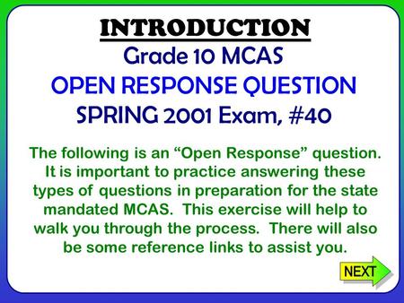 Grade 10 MCAS OPEN RESPONSE QUESTION SPRING 2001 Exam, #40