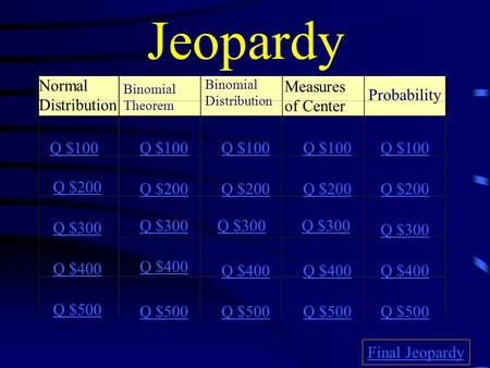 Jeopardy Normal Distribution Binomial Theorem Binomial Distribution Measures of Center Probability Q $100 Q $200 Q $300 Q $400 Q $500 Q $100 Q $200 Q.