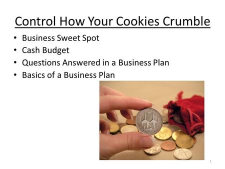 Control How Your Cookies Crumble Business Sweet Spot Cash Budget Questions Answered in a Business Plan Basics of a Business Plan 1.