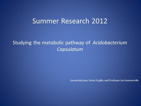 Summer Research 2012 Studying the metabolic pathway of Acidobacterium Capsulatum Sunny Ketchum, Pariss Trujillo, and Professor Les Sommerville.