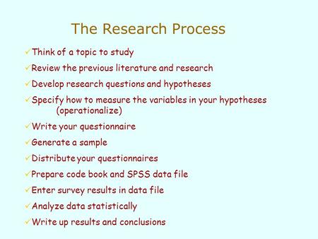 Think of a topic to study Review the previous literature and research Develop research questions and hypotheses Specify how to measure the variables in.
