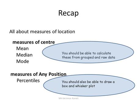 Recap All about measures of location Mean Median Mode