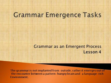 Grammar as an Emergent Process Lesson 4 The grammar is not implanted from outside; rather it emerges out of the encounter between a pattern-hungry brain.