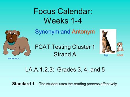 Focus Calendar: Weeks 1-4 Synonym and Antonym FCAT Testing Cluster 1 Strand A LA.A.1.2.3: Grades 3, 4, and 5 Standard 1 – The student uses the reading.
