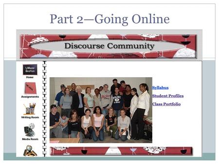 Part 2—Going Online. Creating New Communities Sharing studies of discourse communities  creating a classroom discourse community Expanding the classroom.
