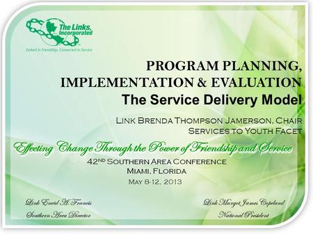 PROGRAM PLANNING, IMPLEMENTATION & EVALUATION The Service Delivery Model Link Brenda Thompson Jamerson, Chair Services to Youth Facet May 8-12, 2013.
