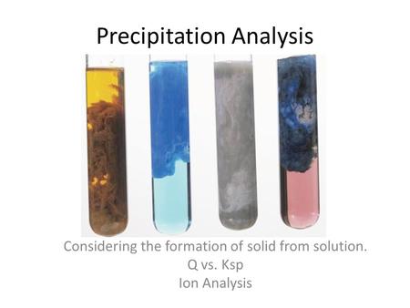 Precipitation Analysis Considering the formation of solid from solution. Q vs. Ksp Ion Analysis.