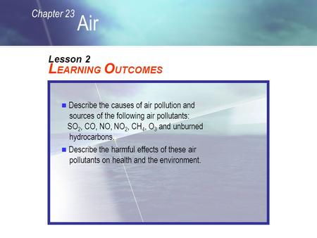 Chapter 23 Air L EARNING O UTCOMES Lesson 2 Describe the causes of air pollution and sources of the following air pollutants: SO 2, CO, NO, NO 2, CH 4,