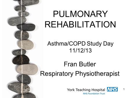 1 PULMONARY REHABILITATION Asthma/COPD Study Day 11/12/13 Fran Butler Respiratory Physiotherapist.