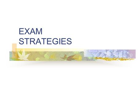 EXAM STRATEGIES. Study Skills Attend academic support activities Review session, help sessions, etc. Soothing music in the background Scented floral candles.