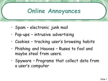 Online Annoyances Spam – electronic junk mail