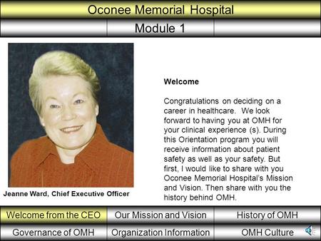 Welcome from the CEOOur Mission and VisionHistory of OMH Governance of OMHOrganization InformationOMH Culture Oconee Memorial Hospital Module 1 Jeanne.