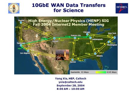 10GbE WAN Data Transfers for Science High Energy/Nuclear Physics (HENP) SIG Fall 2004 Internet2 Member Meeting Yang Xia, HEP, Caltech yxia@caltech.edu.