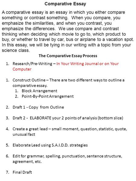 1.Research/Pre-Writing – In Your Writing Journal or on Your Computer 1.Construct Outline – There are two different ways to outline a comparative essay.